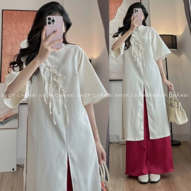 Set áo dài cách tân nữ S.210 cổ tàu tay lỡ 3 nơ to dọc thân - Giá ưu đãi 202.645₫