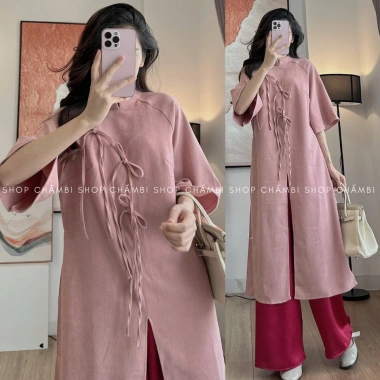 Set áo dài cách tân nữ S.210 cổ tàu tay lỡ 3 nơ to dọc thân - Giá ưu đãi 202.645₫