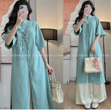 Set áo dài cách tân nữ S.210 cổ tàu tay lỡ 3 nơ to dọc thân - Giá ưu đãi 202.645₫