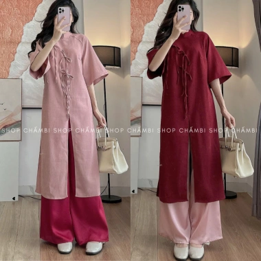 Set áo dài cách tân nữ S.210 cổ tàu tay lỡ 3 nơ to dọc thân - Giá ưu đãi 202.645₫