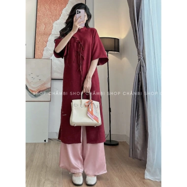 Set áo dài cách tân nữ S.210 cổ tàu tay lỡ 3 nơ to dọc thân - Giá ưu đãi 202.645₫