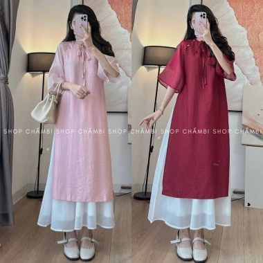 Set Áo dài cách tân nữ S.213 tay lỡ cúc ngọc cổ tròn nơ buộc dịu dàng - 155.000₫ 3