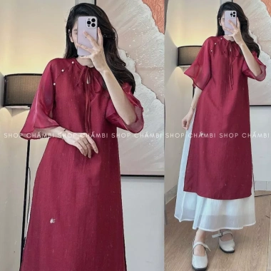 Set Áo dài cách tân nữ S.213 tay lỡ cúc ngọc cổ tròn nơ buộc dịu dàng - 155.000₫ 5
