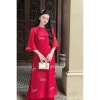 Set áo dài cách tân nữ Tết 2.026: cổ tròn, bèo, nút ngọc, tay lửng, quần satin rộng 6
