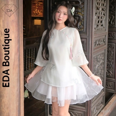 Set Áo Dài Cách Tân Tết 2.026 Bigsize + Dây – Đính Nút Tơ Thêu Hoa, Chân Váy Bóng Kính Xinh, 165k