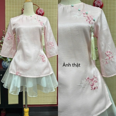 Set Áo Dài Cách Tân Tết 2.026 Bigsize + Dây – Đính Nút Tơ Thêu Hoa, Chân Váy Bóng Kính Xinh, 165k