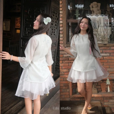 Set Áo Dài Cách Tân Tết 2.026 Bigsize + Dây – Đính Nút Tơ Thêu Hoa, Chân Váy Bóng Kính Xinh, 165k