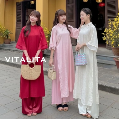 Set áo dài cách tân vải gấm dáng suông mềm + quần lụa giá ưu đãi 295k xinh chụp ảnh Tết