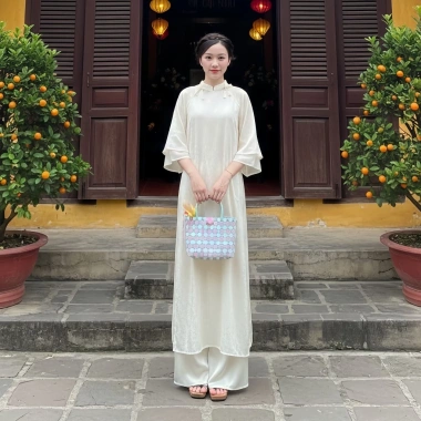 Set áo dài cách tân vải gấm dáng suông mềm + quần lụa giá ưu đãi 295k xinh chụp ảnh Tết