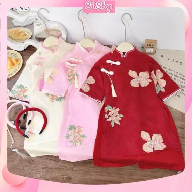 Set áo dài cách tân Xuân Lan cúc tầu hoa thêu 3 màu và bờm cho bé gái lễ tết 179.900 VND