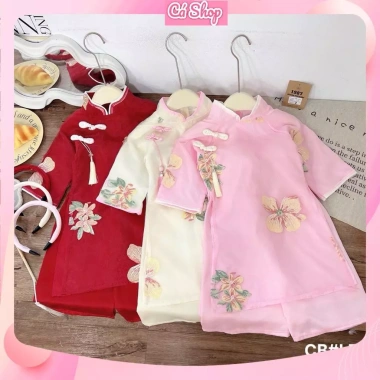 Set áo dài cách tân Xuân Lan cúc tầu hoa thêu 3 màu và bờm cho bé gái lễ tết 179.900 VND