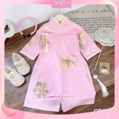 Set áo dài cách tân Xuân Lan cúc tầu hoa thêu 3 màu và bờm cho bé gái lễ tết 179.900 VND