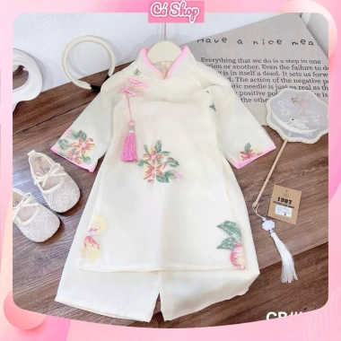 Set áo dài cách tân Xuân Lan cúc tầu hoa thêu 3 màu và bờm cho bé gái lễ tết 179.900 VND