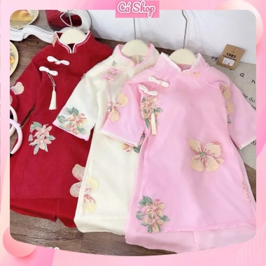 Set áo dài cách tân Xuân Lan cúc tầu hoa thêu 3 màu và bờm cho bé gái lễ tết 179.900 VND