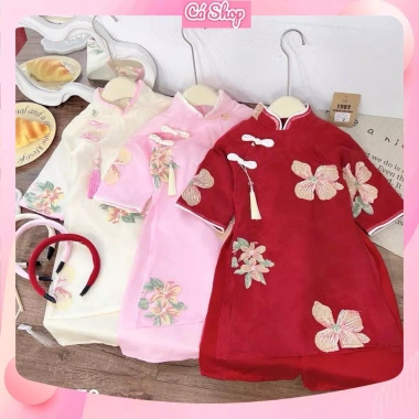 Set áo dài cách tân Xuân Lan cúc tầu hoa thêu 3 màu và bờm cho bé gái lễ tết 179.900 VND