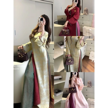 Set áo dài gấm 4 tà 3 màu Lannie đính hoa full gấm rêu hồng đỏ Giá ưu đãi 660.000₫