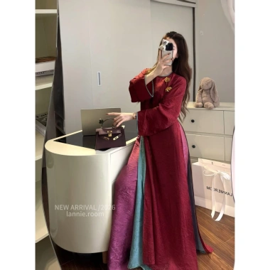 Set áo dài gấm 4 tà 3 màu Lannie đính hoa full gấm rêu hồng đỏ Giá ưu đãi 660.000₫