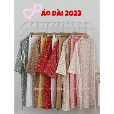 Set áo dài hoa nhí dáng suông tay lỡ - Cách tân Tết kèm quần suông, ảnh thật