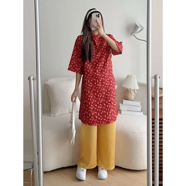 Set áo dài hoa nhí dáng suông tay lỡ - Cách tân Tết kèm quần suông, ảnh thật 3