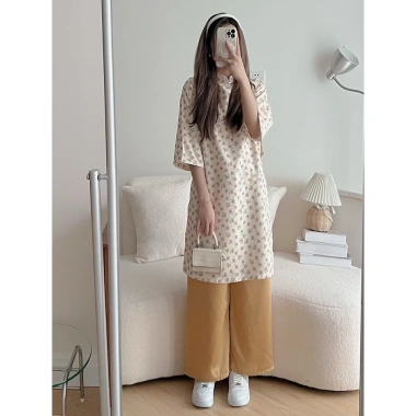 Set áo dài hoa nhí dáng suông tay lỡ - Cách tân Tết kèm quần suông, ảnh thật 5