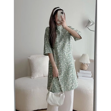 Set áo dài hoa nhí dáng suông tay lỡ - Cách tân Tết kèm quần suông, ảnh thật 6