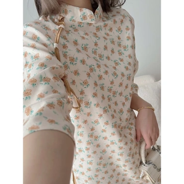 Set áo dài hoa nhí dáng suông tay lỡ - Cách tân Tết kèm quần suông, ảnh thật 7