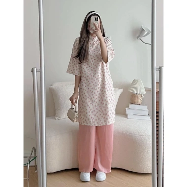 Set áo dài hoa nhí dáng suông tay lỡ - Cách tân Tết kèm quần suông, ảnh thật 10