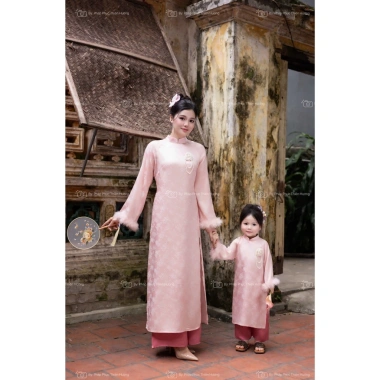 Set áo dài mẹ & bé Tết 2.026 phối lông vũ, nơ lụa gấm, chụp ảnh, đi chùa - Giá 269k