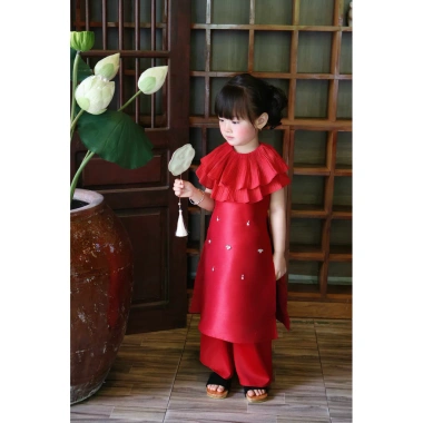 Set áo dài mẹ và bé Thiên Kim đỏ đô sang trọng + quần Babine 670.000đ