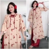 Set áo dài nhung bigsize tăm thêu hoa nhỏ xinh + quần lụa suông đỏ, giá ưu đãi 430.000đ