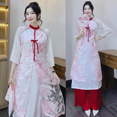 Set áo dài ren bigsize dáng suông tà xẻ cổ tròn đỏ + quần đỏ - Mặc Tết 340.000₫