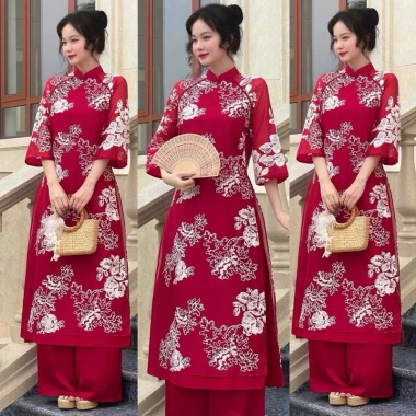 Set áo dài ren bigsize dáng suông tà xẻ cổ tròn đỏ + quần đỏ - Mặc Tết 340.000₫