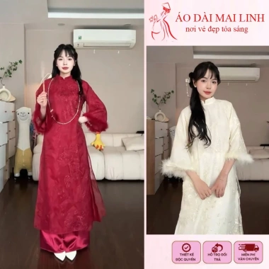 Set áo dài Tết 2.025 tay lông thiết kế pháo tay lông siêu hot, giá 118.800đ giảm sâu
