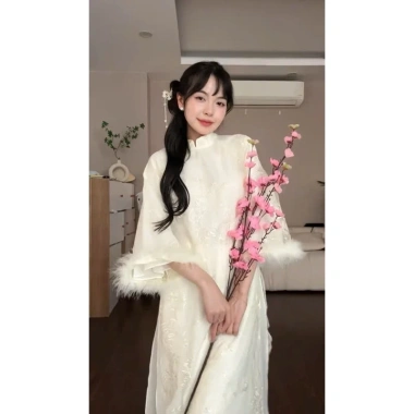 Set áo dài Tết 2.025 tay lông thiết kế pháo tay lông siêu hot, giá 118.800đ giảm sâu