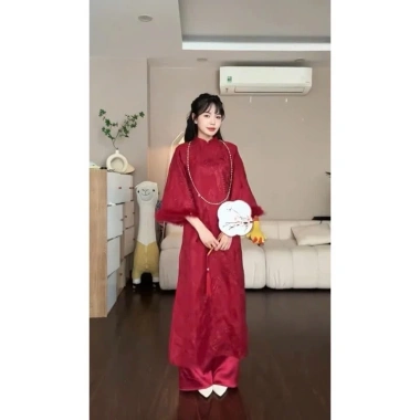 Set áo dài Tết 2.025 tay lông thiết kế pháo tay lông siêu hot, giá 118.800đ giảm sâu