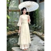 Set áo dài Tết sang trọng chất tơ, cổ tròn thêu, tay lỡ, quần latin maxi dài siêu xinh, Giá ưu đãi 189.150 VND