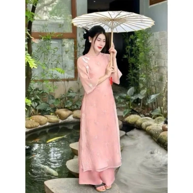 Set áo dài Tết sang trọng chất tơ, cổ tròn thêu, tay lỡ, quần latin maxi dài siêu xinh, Giá ưu đãi 189.150 VND 6