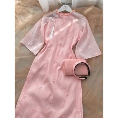 Set áo dài Tết sang trọng chất tơ, cổ tròn thêu, tay lỡ, quần latin maxi dài siêu xinh, Giá ưu đãi 189.150 VND 9