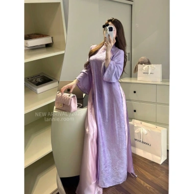 Set áo dài tím nhạt viền hoa và quần lụa suông hồng - Lanie Room Giá ưu đãi 680k 2