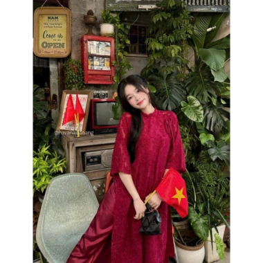 Set áo dài vải lông vũ cao cấp, cổ trụ tay lở, nơ vai + quần lụa - Giảm 30% Tết LisaCloth