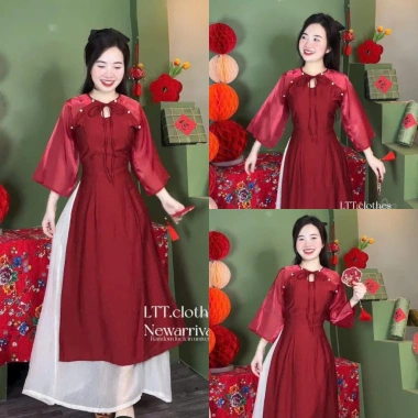 Set áo dài vải tơ hai lớp cao cấp cổ tròn cột nơ đính ngọc tay lở và quần tuyết nhung - Giá chỉ 179k