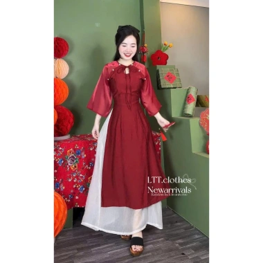 Set áo dài vải tơ hai lớp cao cấp cổ tròn cột nơ đính ngọc tay lở và quần tuyết nhung - Giá chỉ 179k