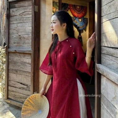 Set áo dài vải tơ hai lớp cao cấp cổ tròn cột nơ đính ngọc tay lở và quần tuyết nhung - Giá chỉ 179k