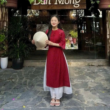 Set áo dài vải tơ hai lớp cao cấp cổ tròn cột nơ đính ngọc tay lở và quần tuyết nhung - Giá chỉ 179k
