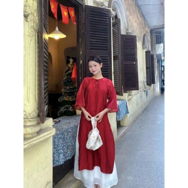 Set áo dài vải tơ hai lớp cao cấp cổ tròn cột nơ đính ngọc tay lở và quần tuyết nhung - Giá chỉ 179k