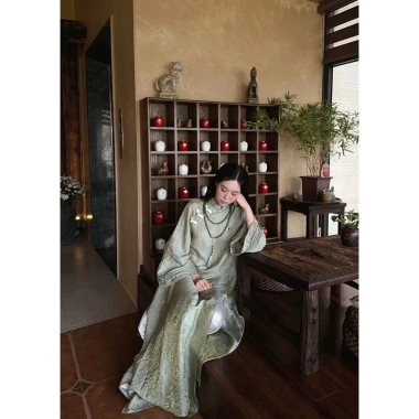 Set áo dài xanh cổ mix v quần suông kem trắng - Áo dài truyền thống giá 494k 8 Set áo dài xanh cổ mix v quần suông kem trắng - Áo dài truyền thống giá 494k 8