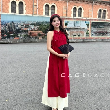 Set Áo Dài Yếm và Quần GAGO Cách Tân 2.026 Vải Đũi Vân May Đỏ Tết Size S‑L Bigsize 5