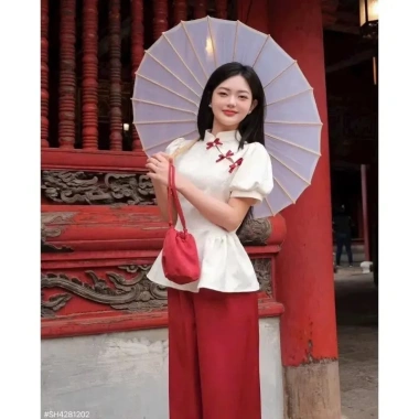 Set áo gấm Tết cổ trụ phối nút và quần ống suông Sỉ Hải Chuyền Se99 - Giá ưu đãi 259k 5