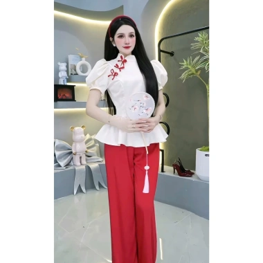 Set áo gấm Tết cổ trụ phối nút và quần ống suông Sỉ Hải Chuyền Se99 - Giá ưu đãi 259k 7
