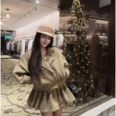 Set áo khoác váy dạ tweed xoè Peplum Hàn Quốc, giữ form, mặc Tết - Giá 489k